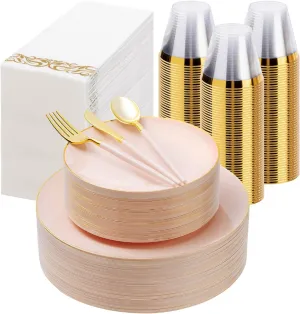 350 Pieces Pink Gold Plastic Dinnerware Set, Gold Disposable Plates for Party, Graduation, Include 100 Pink Plates with 150 Plastic Cutlery, 50 Napkins and 50 Cups