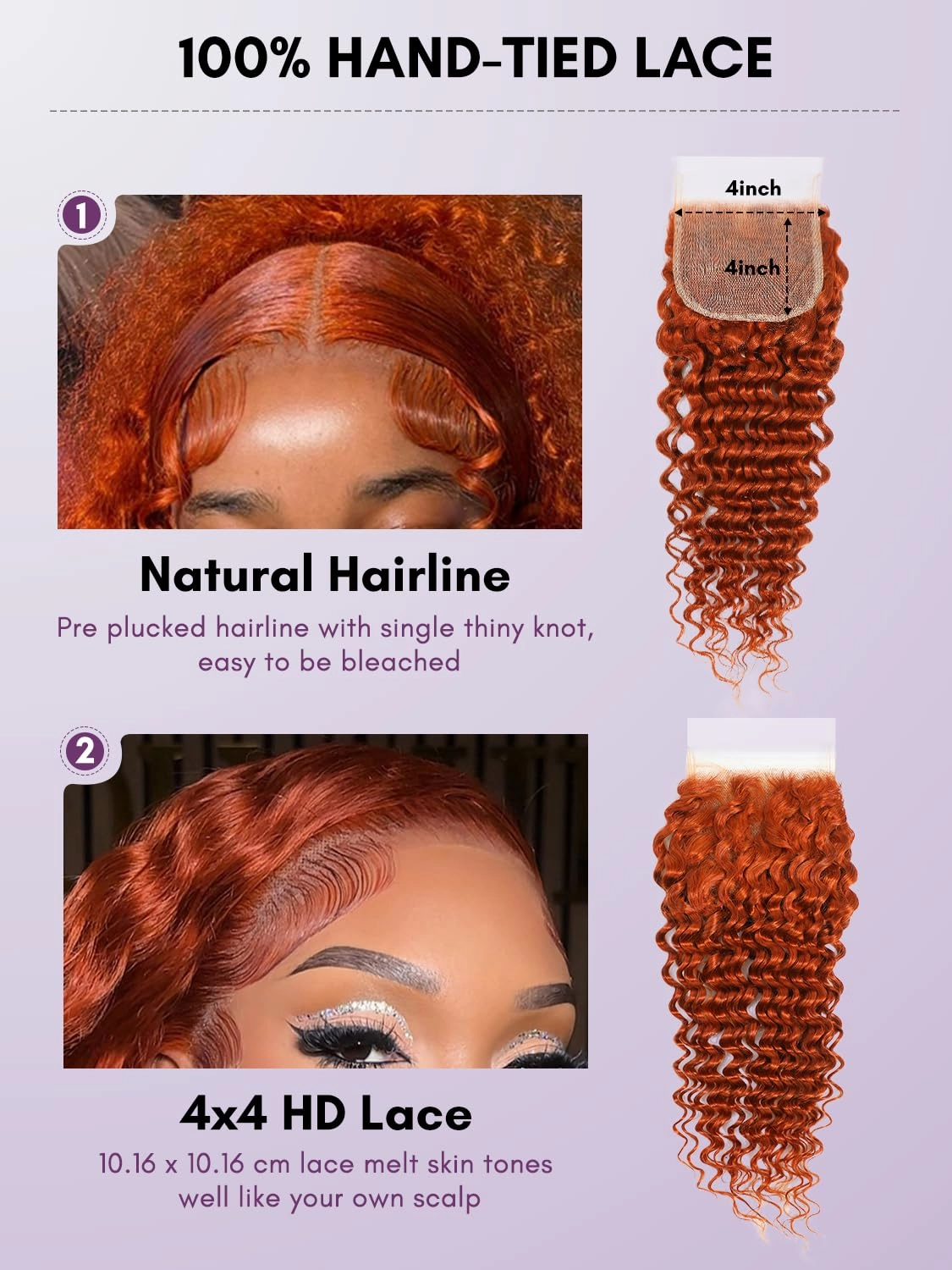 350 Ginger Deep Wave 3 Bundles with Closure Human Hair Deals 12 14 16 12, 10A 100% Virgin Brazilian Weaves Burnt Orange Curly Bundles with 4x4 HD Transparent Lace Closure Pre Plucked Sew In Remy