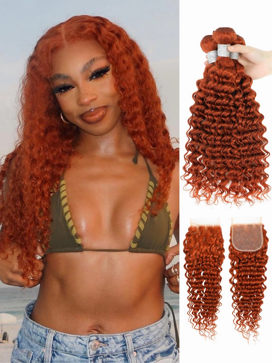 350 Ginger Deep Wave 3 Bundles with Closure Human Hair Deals 12 14 16 12, 10A 100% Virgin Brazilian Weaves Burnt Orange Curly Bundles with 4x4 HD Transparent Lace Closure Pre Plucked Sew In Remy