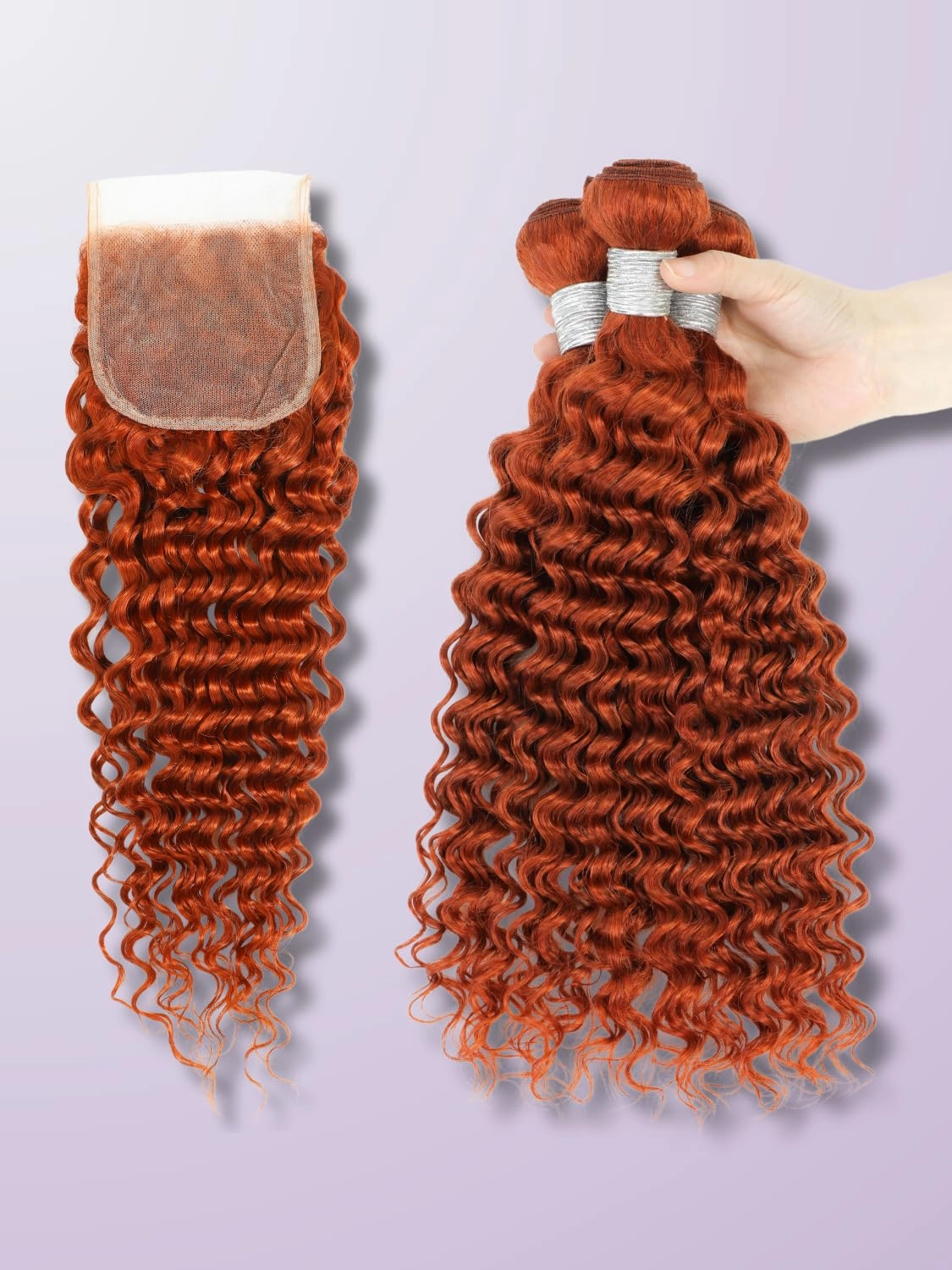 350 Ginger Deep Wave 3 Bundles with Closure Human Hair Deals 12 14 16 12, 10A 100% Virgin Brazilian Weaves Burnt Orange Curly Bundles with 4x4 HD Transparent Lace Closure Pre Plucked Sew In Remy