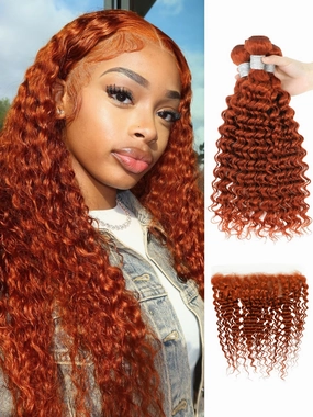 350 Ginger Deep Wave 3 Bundles with Frontal Human Hair Deals 10 12 14 10,10A 100% Virgin Brazilian Weaves Burnt Orange Curly Bundles with 13x4 HD Transparent Lace Frontal Pre Plucked Sew In Remy