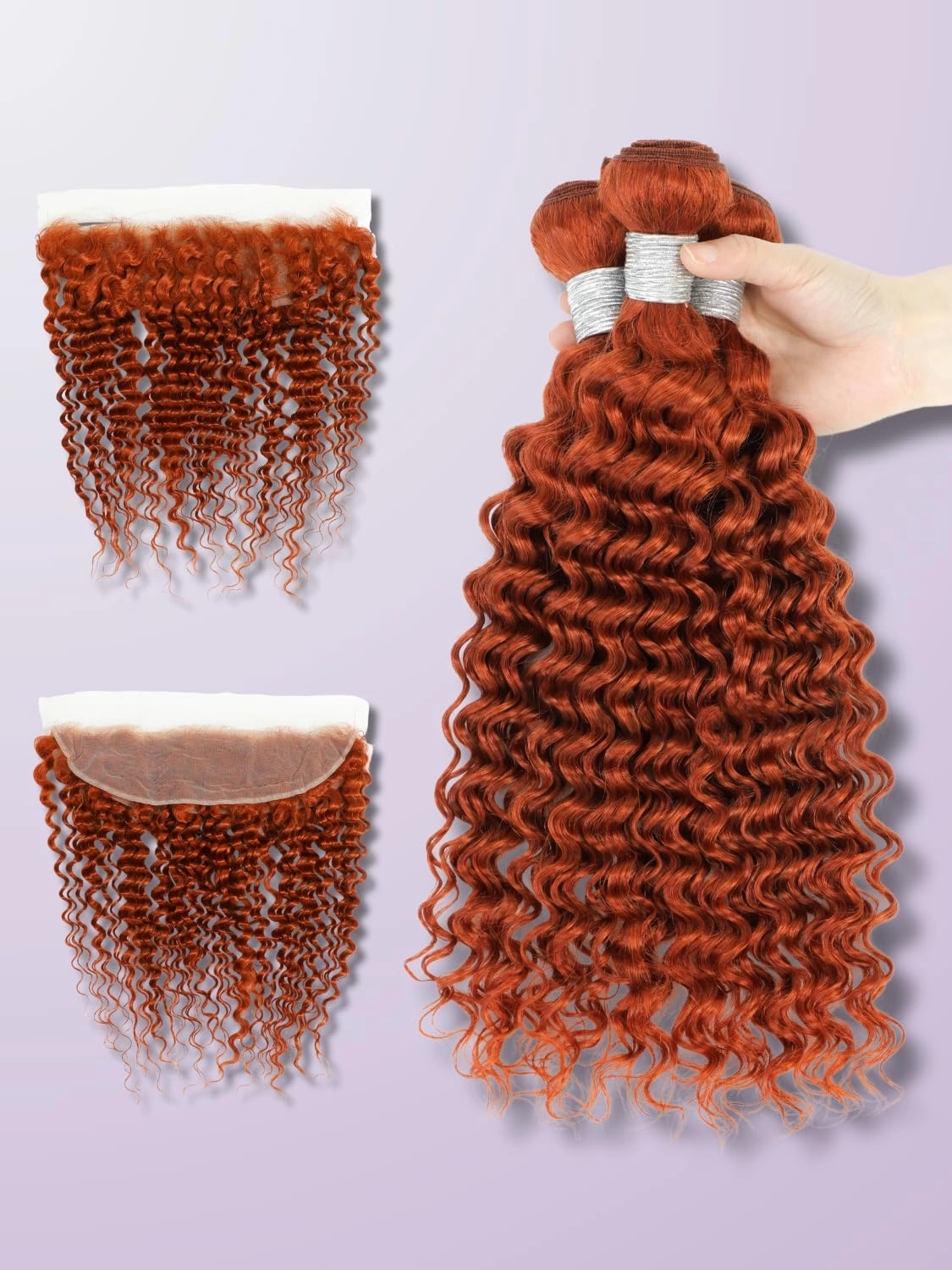 350 Ginger Deep Wave 3 Bundles with Frontal Human Hair Deals 10 12 14 10,10A 100% Virgin Brazilian Weaves Burnt Orange Curly Bundles with 13x4 HD Transparent Lace Frontal Pre Plucked Sew In Remy