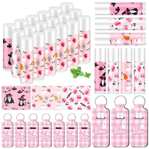 36 Pack Pink Halloween Lip Balm Holder Keychain Set Ghost Cat Skull Bat Lipstick Lip Moisturizers for Halloween Party Favors Gifts Basket Stuffers, 3 Pink Styles