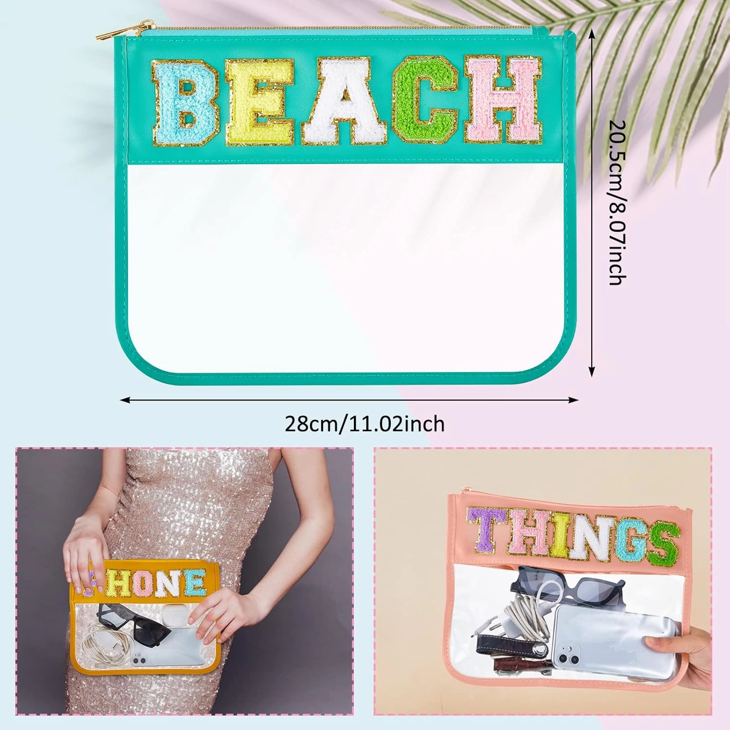 3 Pcs Chenille Letter Zipper Pouch for Travel Clear Snack Bags Waterproof Cosmetic Pouch Nylon Gym Beach Multipurpose Makeup Bag for Women Girl(Beach, Phone, Things,Candy Color)