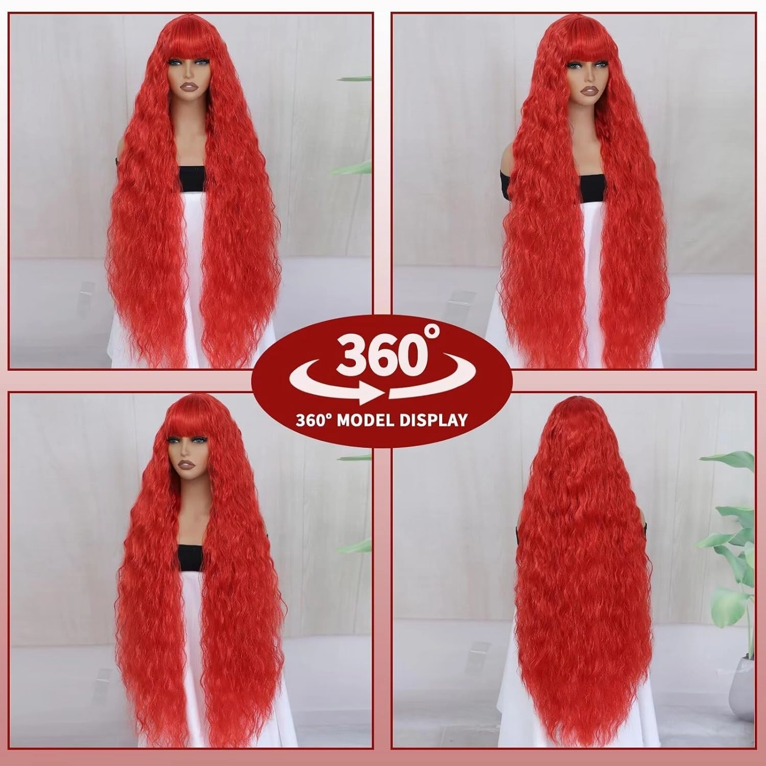 40 Inch Long Curly Synthetic Wig with Bangs for Women Natural Style Bounce Fluffy Red Cosplay Wig for Halloween Party Daily Use(Red)