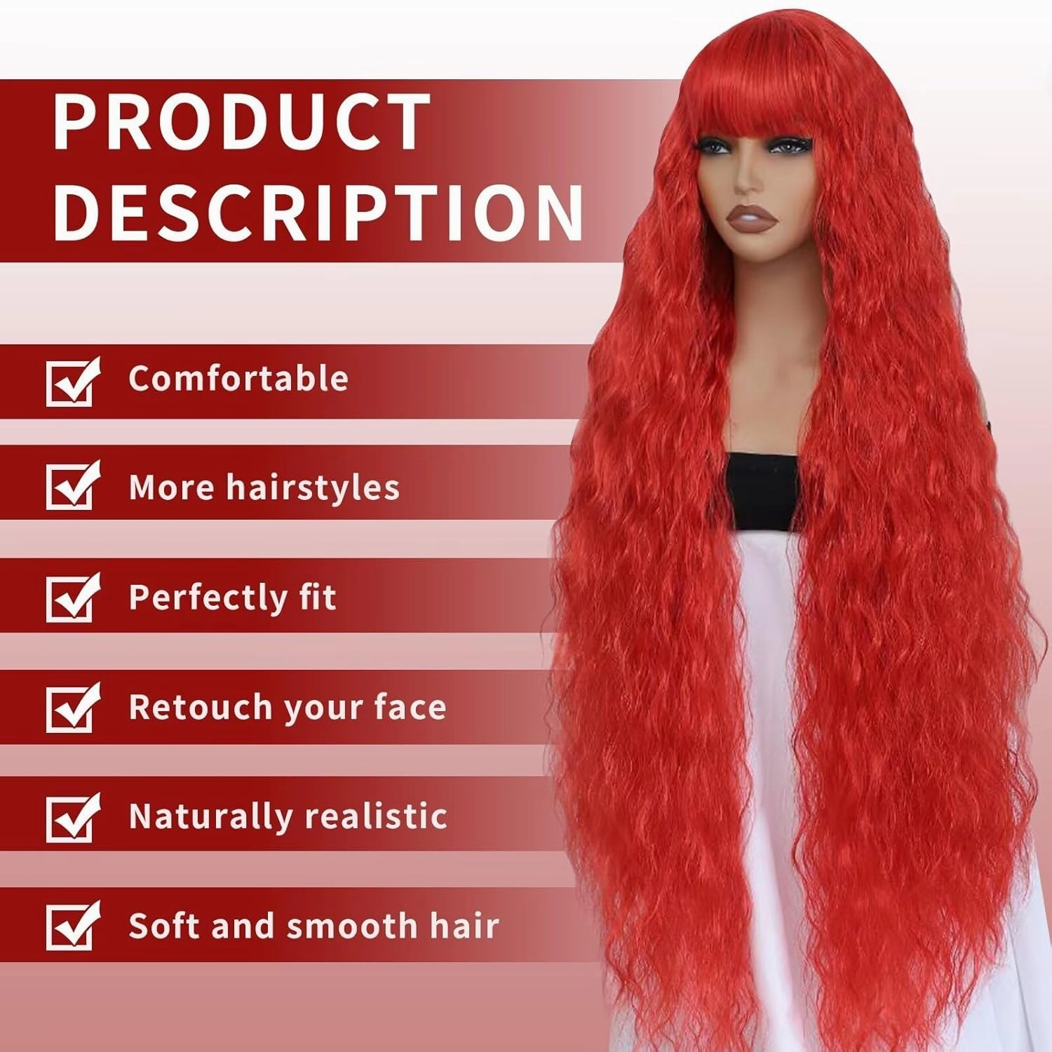 40 Inch Long Curly Synthetic Wig with Bangs for Women Natural Style Bounce Fluffy Red Cosplay Wig for Halloween Party Daily Use(Red)