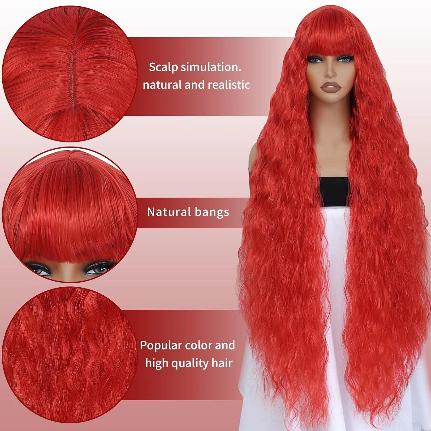 40 Inch Long Curly Synthetic Wig with Bangs for Women Natural Style Bounce Fluffy Red Cosplay Wig for Halloween Party Daily Use(Red)