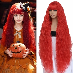 40 Inch Long Curly Synthetic Wig with Bangs for Women Natural Style Bounce Fluffy Red Cosplay Wig for Halloween Party Daily Use(Red)