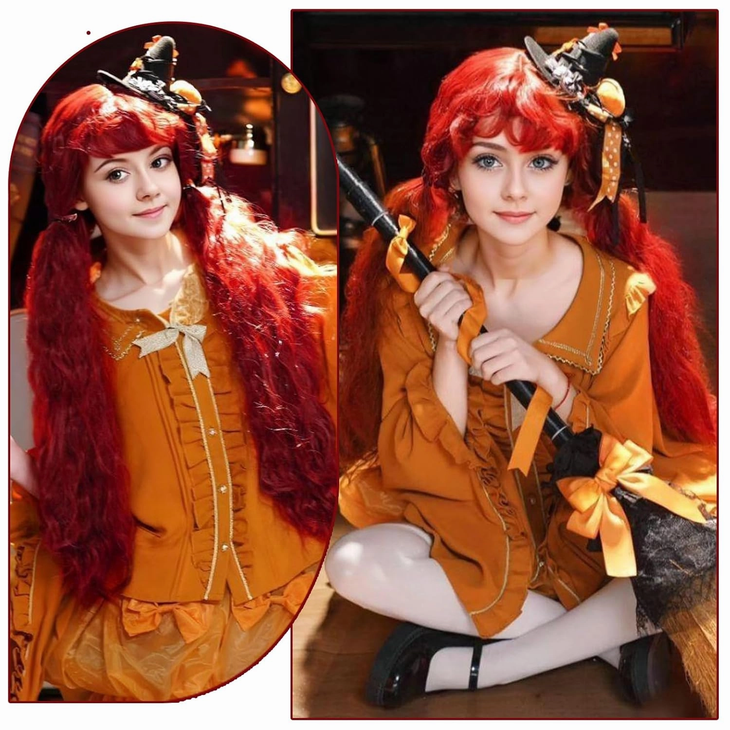 40 Inch Long Curly Synthetic Wig with Bangs for Women Natural Style Bounce Fluffy Red Cosplay Wig for Halloween Party Daily Use(Red)