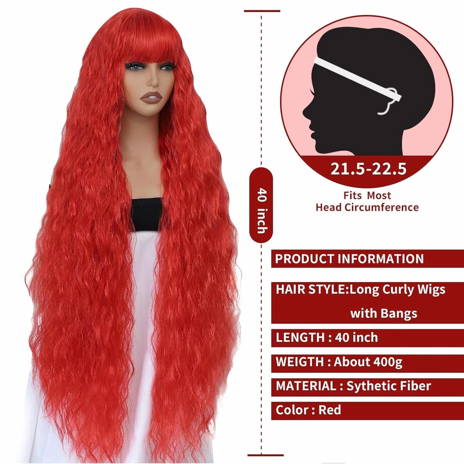 40 Inch Long Curly Synthetic Wig with Bangs for Women Natural Style Bounce Fluffy Red Cosplay Wig for Halloween Party Daily Use(Red)