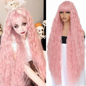 40 Inch Long Wavy Wig with Bangs for Women White Cosplay Wig Bounce Fluffy for Halloween Party Daily Use(Pink)