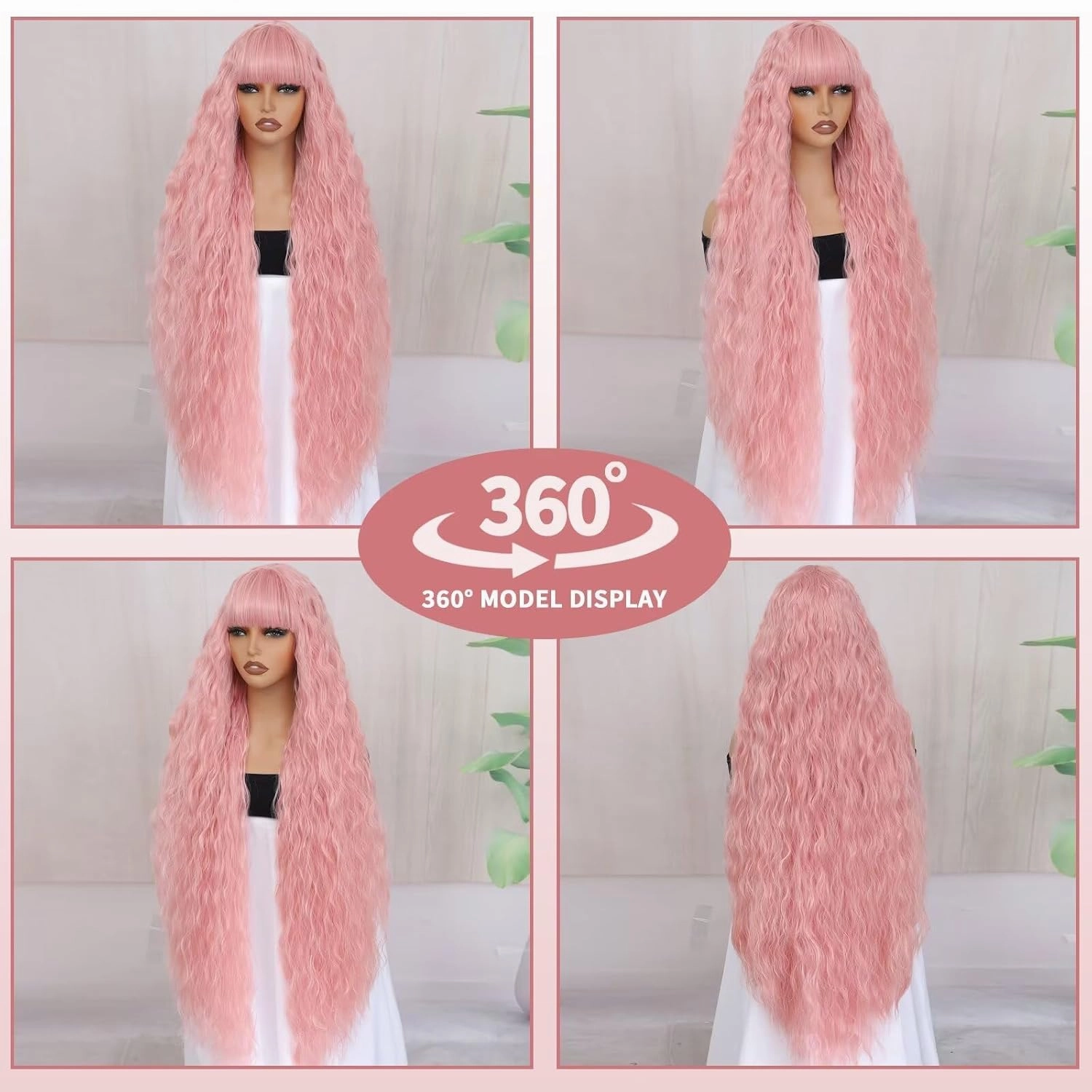 40 Inch Long Wavy Wig with Bangs for Women White Cosplay Wig Bounce Fluffy for Halloween Party Daily Use(Pink)