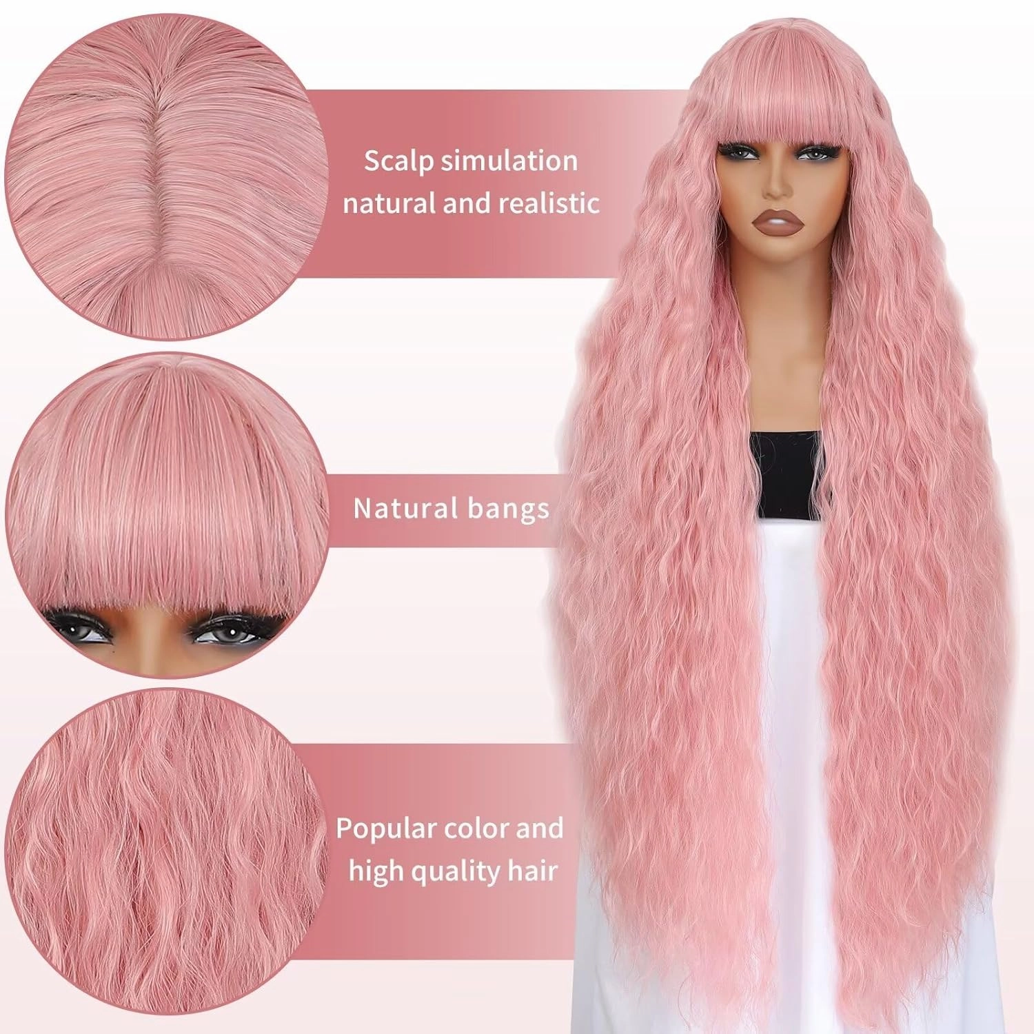 40 Inch Long Wavy Wig with Bangs for Women White Cosplay Wig Bounce Fluffy for Halloween Party Daily Use(Pink)