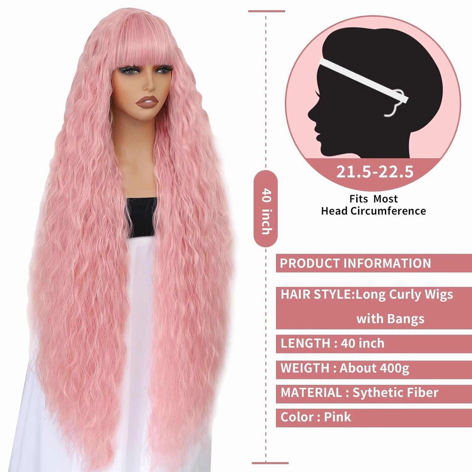 40 Inch Long Wavy Wig with Bangs for Women White Cosplay Wig Bounce Fluffy for Halloween Party Daily Use(Pink)