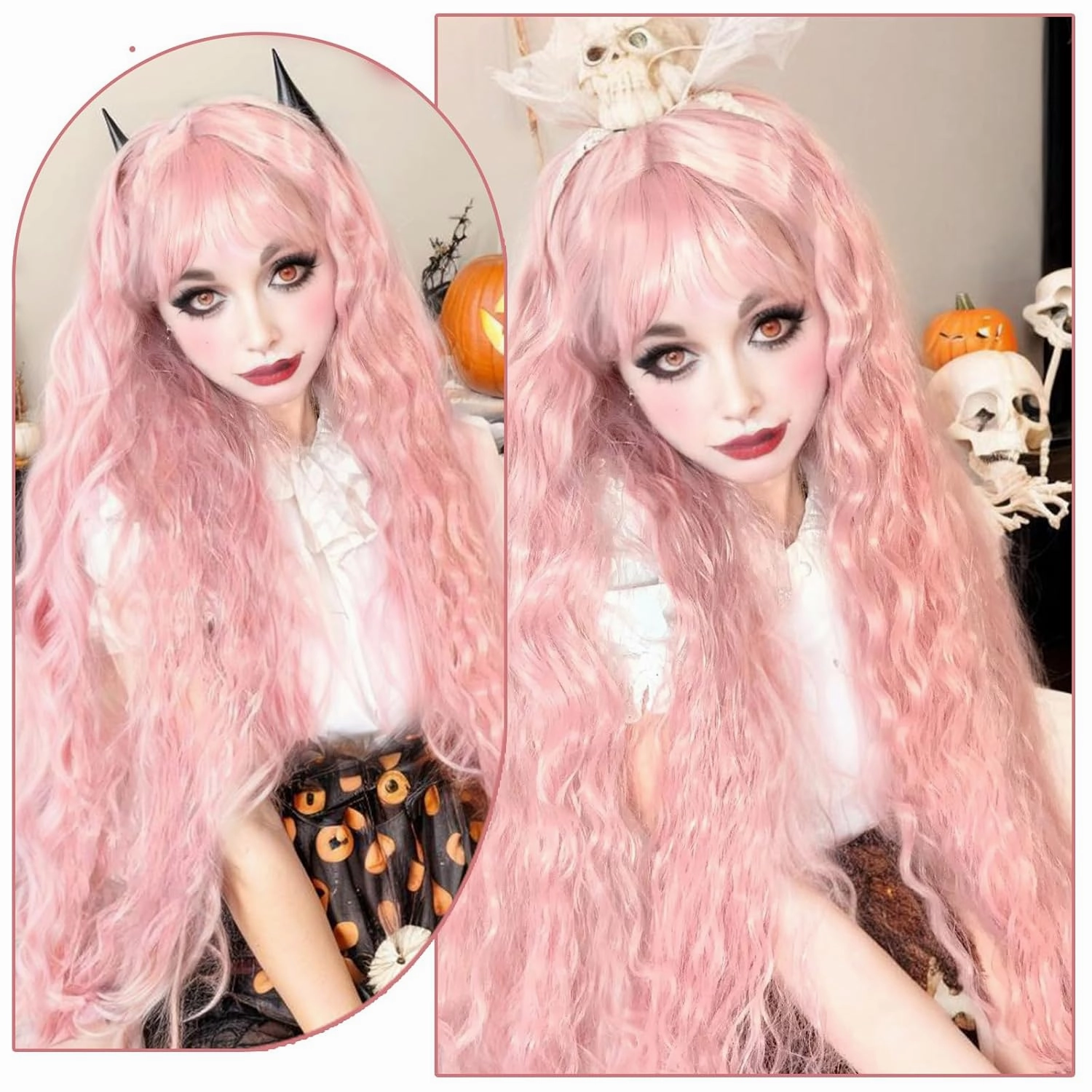 40 Inch Long Wavy Wig with Bangs for Women White Cosplay Wig Bounce Fluffy for Halloween Party Daily Use(Pink)