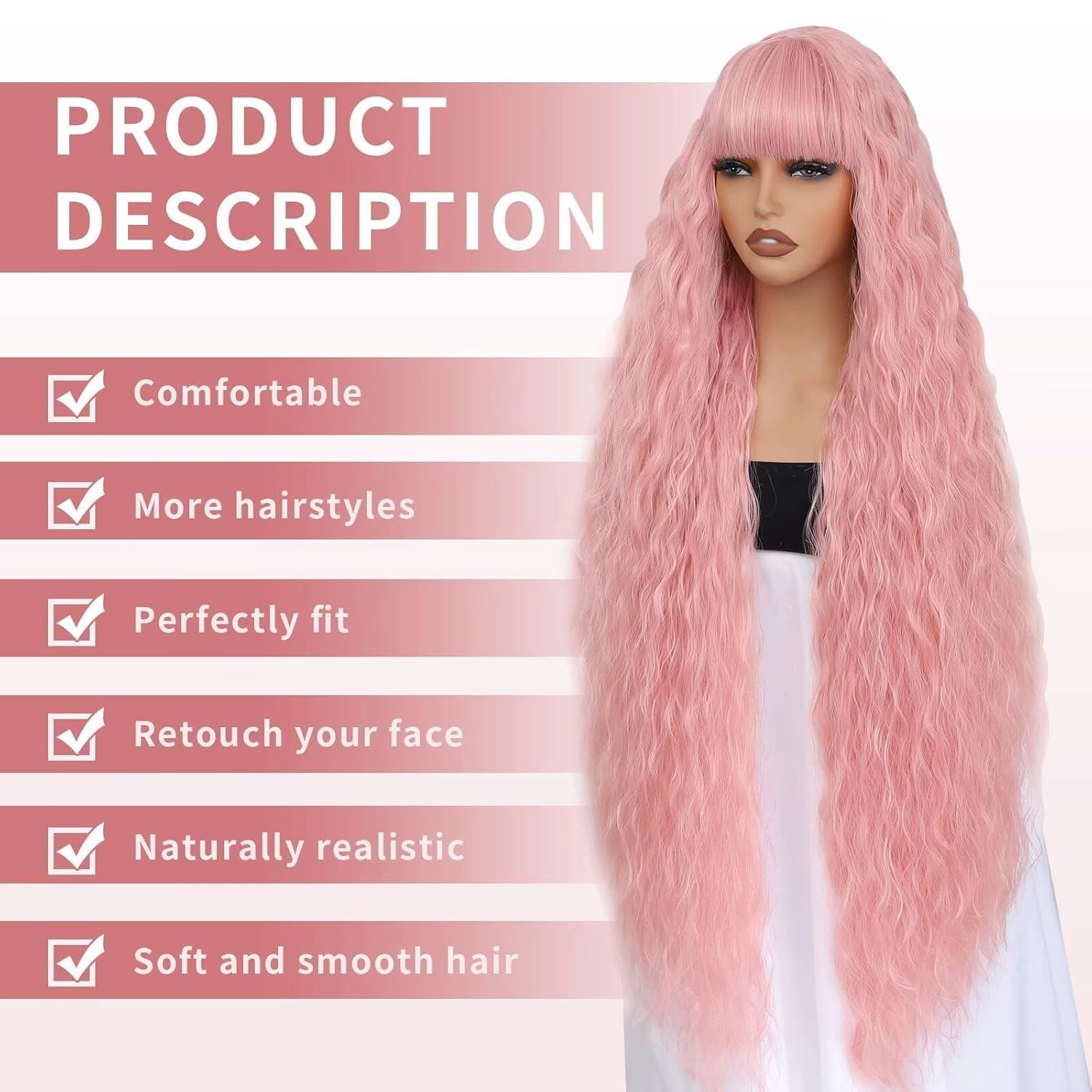 40 Inch Long Wavy Wig with Bangs for Women White Cosplay Wig Bounce Fluffy for Halloween Party Daily Use(Pink)