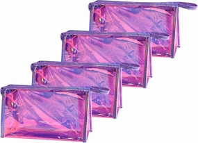 4 Pcs Holographic Makeup Bags Bulk, Small Iridescent Pouch Travel Portable Toiletry Cosmetic Bag with Zipper, Brush Holder Makeup Organizer Bag case (Pink)