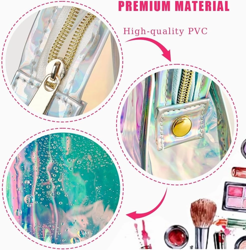 4 Pcs Holographic Makeup Bags Bulk, Small Iridescent Pouch Travel Portable Toiletry Cosmetic Bag with Zipper, Brush Holder Makeup Organizer Bag case (Pink)