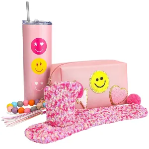 5 Pcs Pink Preppy Gift Set Include 20oz Stainless Steel Skinny Tumbler Makeup Bag PU Leather Waterproof Cosmetic Bag with Keychain Bracelet Hat Fuzzy Socks for Women Supplies Gifts