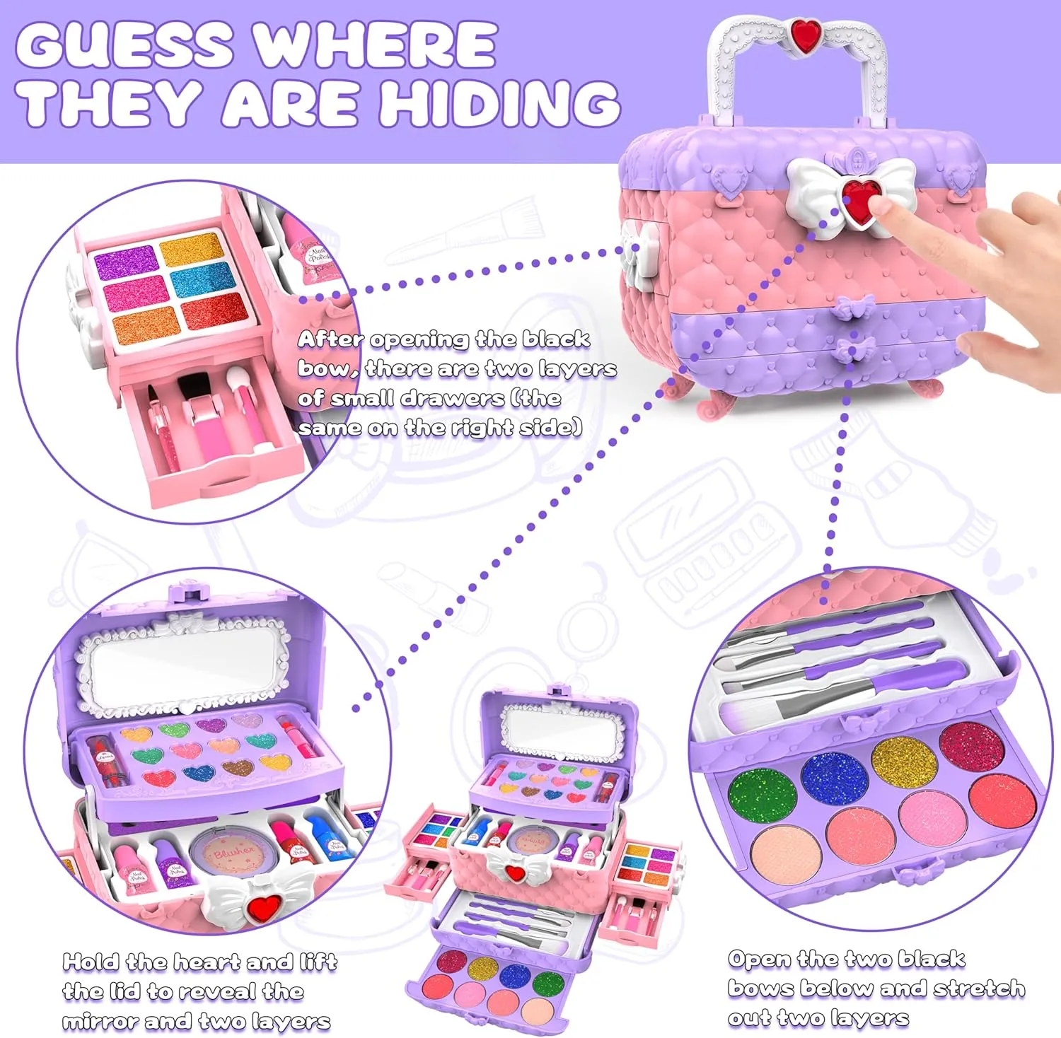 54 Pcs Kids Makeup Kit for Girls, Princess Real Washable Pretend Play Cosmetic Set Toys with Mirror, Birthday Gifts for 3 4 5 6 7 8 9 10 Years Old Girls Kids (Light Purple)