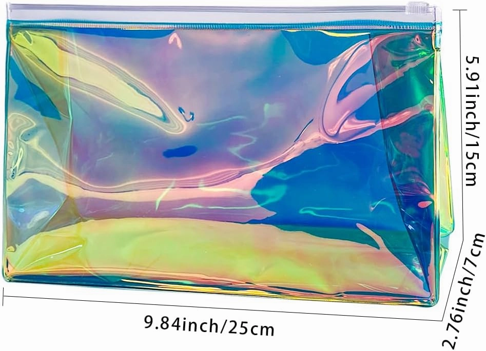 5PCS Holographic Clear Makeup Bag Bulk,Zipper Portable Waterproof Toiletry Pouch,Iridescent Storage Cosmetic Bags for Women (Blue-5pcs)