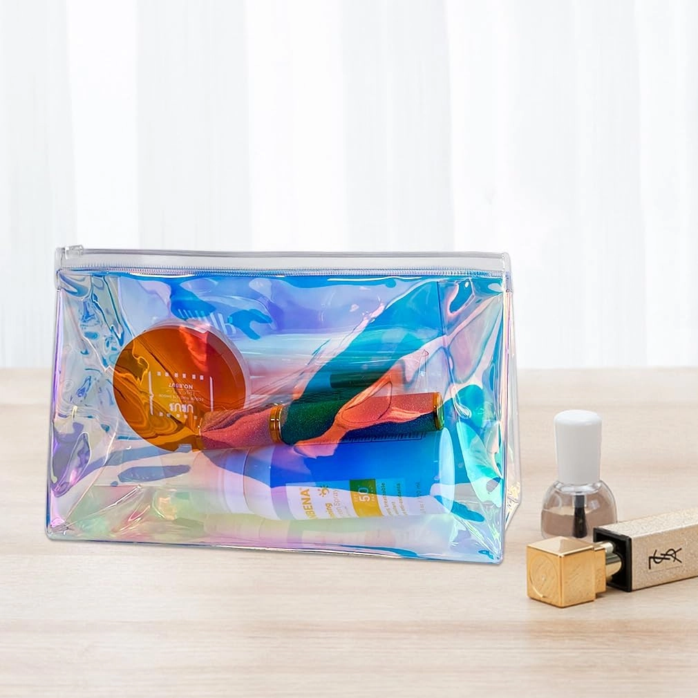 5PCS Holographic Clear Makeup Bag Bulk,Zipper Portable Waterproof Toiletry Pouch,Iridescent Storage Cosmetic Bags for Women (Blue-5pcs)
