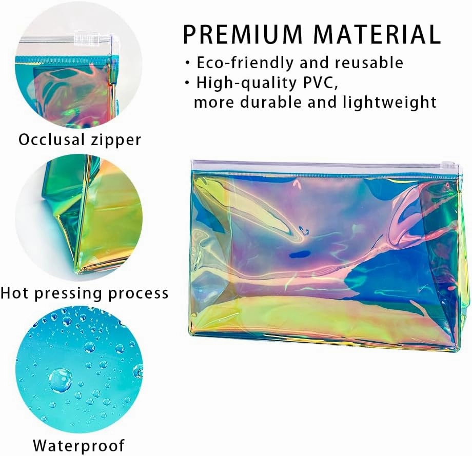 5PCS Holographic Clear Makeup Bag Bulk,Zipper Portable Waterproof Toiletry Pouch,Iridescent Storage Cosmetic Bags for Women (Blue-5pcs)