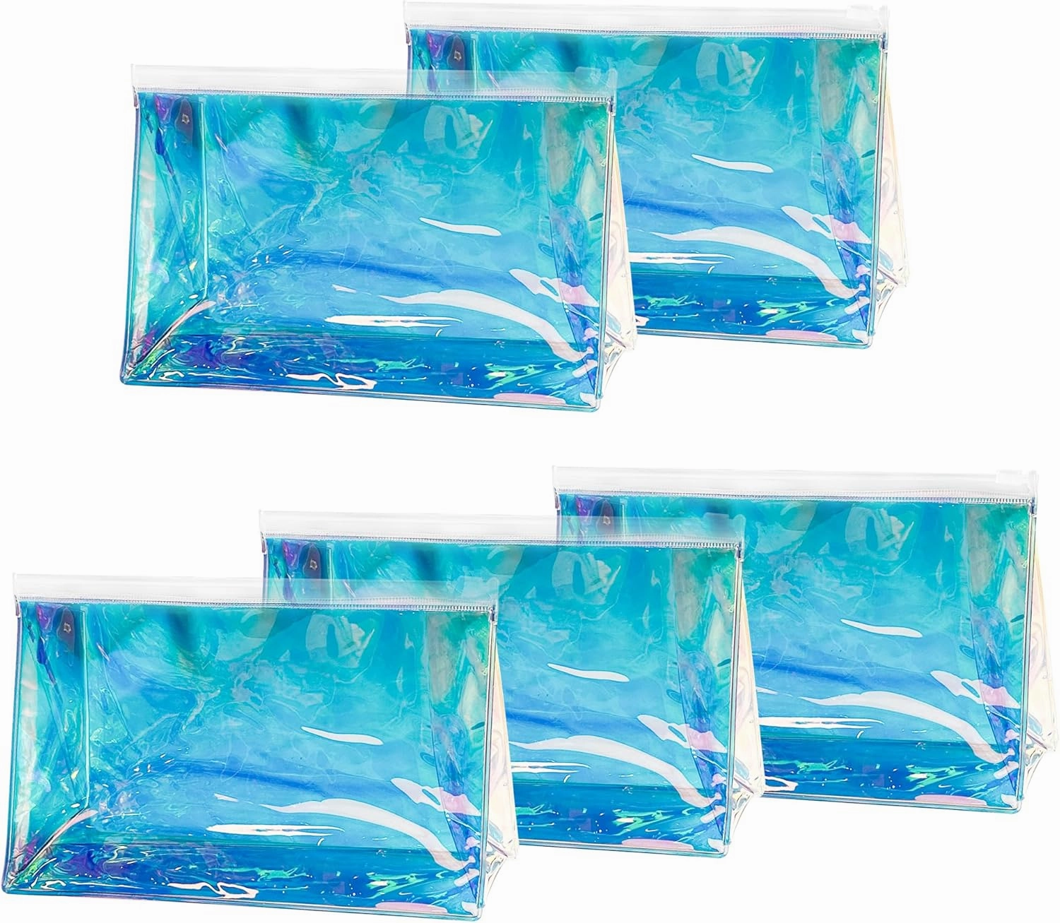 5PCS Holographic Clear Makeup Bag Bulk,Zipper Portable Waterproof Toiletry Pouch,Iridescent Storage Cosmetic Bags for Women (Blue-5pcs)