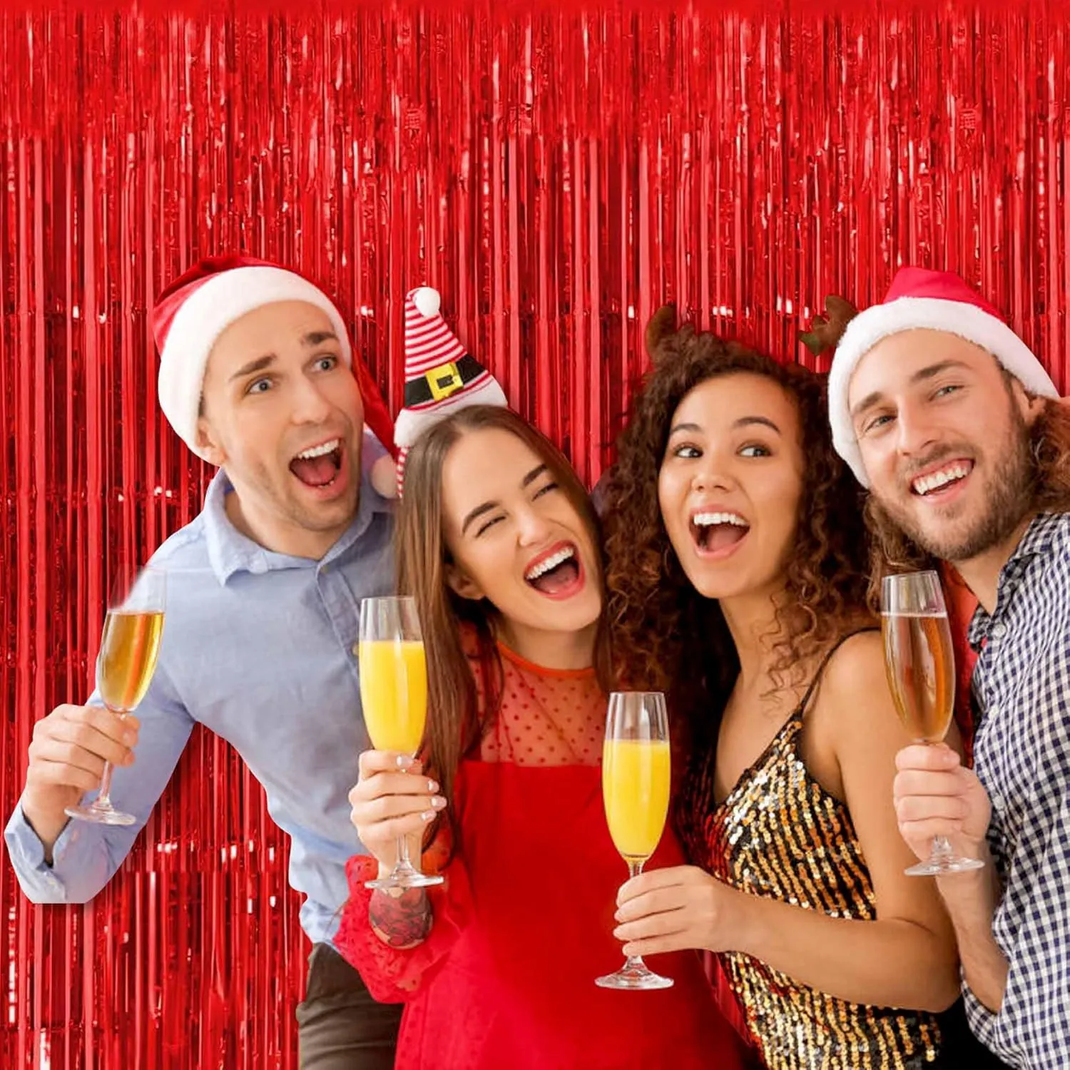 6 Pack Red Foil Fringe Curtains Backdrop, 3.28 x 6.6 Ft Metallic Streamers Tinsel Curtains Background for Photo Booth, Birthday, Halloween, Christmas, Thanksgiving, New Year Party Decorations