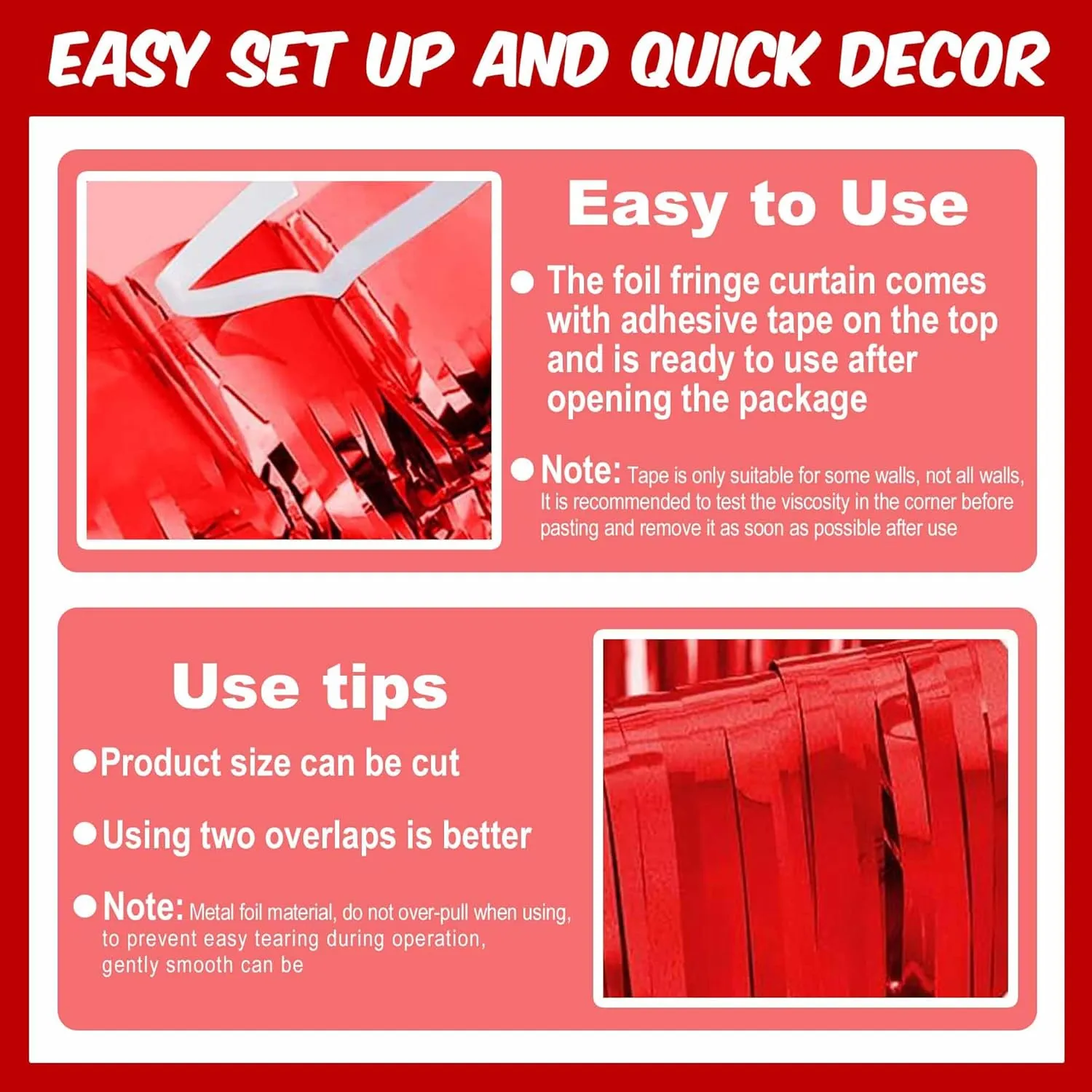 6 Pack Red Foil Fringe Curtains Backdrop, 3.28 x 6.6 Ft Metallic Streamers Tinsel Curtains Background for Photo Booth, Birthday, Halloween, Christmas, Thanksgiving, New Year Party Decorations