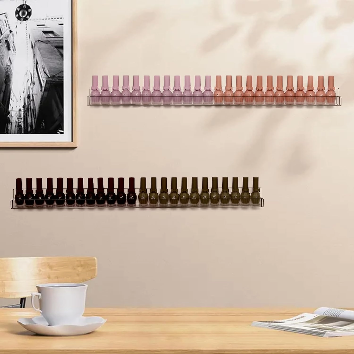 6Pcs/Set 24 Inch Nail Polish Rack Wall Mounted, Lipstick Essential Oil Bottle Clear Holder Organizer, Big Display Stand Wall Shelf for Bottle Cup Make-ups