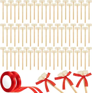 75 Pcs Wooden Hammer for Chocolate Valentine‘s Day Breakable Heart Hammer with 2 Rolls Red Ribbons Mini Wooden Mallet Kids Tiny Hammer Bulk for Party Game Toy Props Crafts