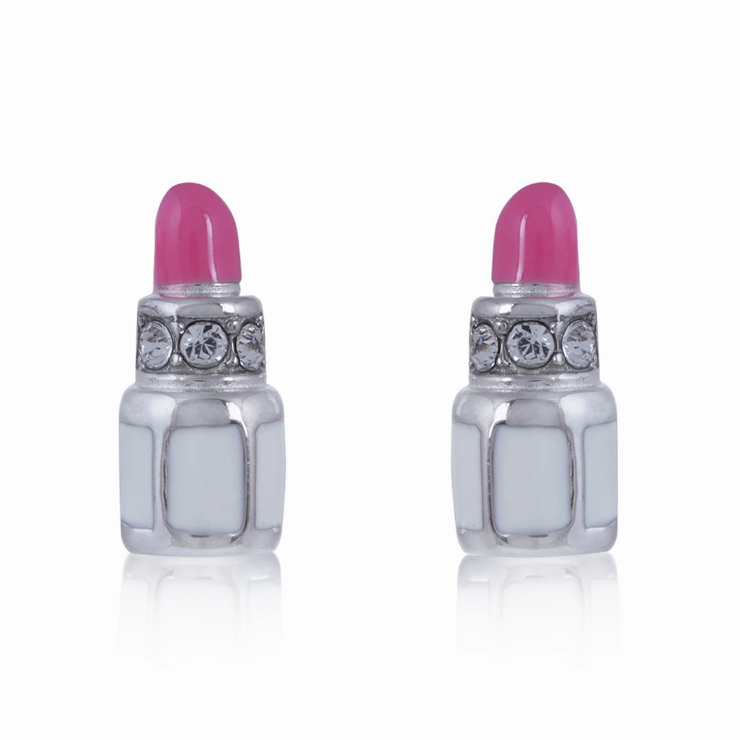 925 Sterling Silver Rhodium Plated Glossy Pink Lipstick Stud For Kids