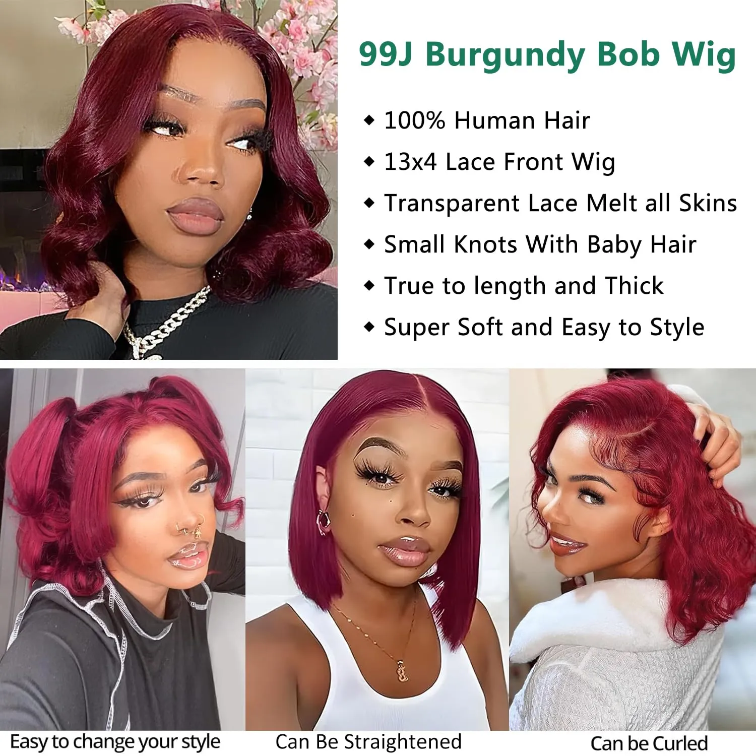 99J Burgundy Bob Wig Human Hair 13x4 Frontal Lace Wig 14 Inch Body Wave HD Lace Front Wigs Human Hair Pre Plucked 180% Density Glueless Wine Red Bob Wigs for Women (99J Burgundy, 14 Inch)