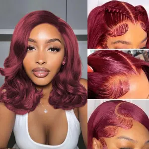 99J Burgundy Bob Wig Human Hair 13x4 Frontal Lace Wig 14 Inch Body Wave HD Lace Front Wigs Human Hair Pre Plucked 180% Density Glueless Wine Red Bob Wigs for Women (99J Burgundy, 14 Inch)