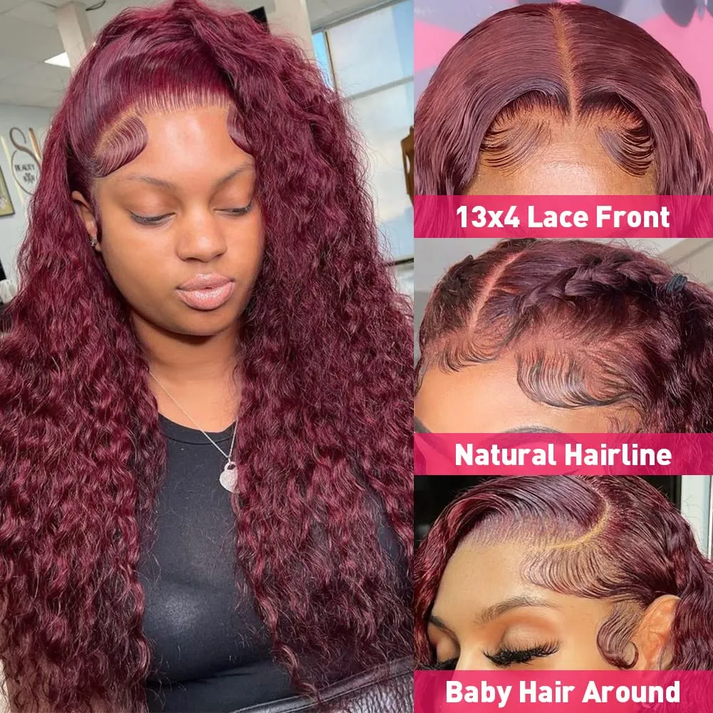 99J Burgundy Deep Wave Lace Front Wigs Human Hair Pre Plucked with Baby Hair 13x4 HD Transparent Lace Frontal Human Hair Wigs for Women 180% Density Glueless Lace Colored Wigs 22 inch