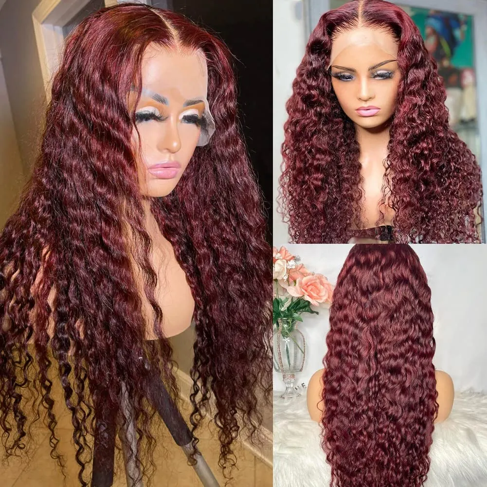 99J Burgundy Deep Wave Lace Front Wigs Human Hair Pre Plucked with Baby Hair 13x4 HD Transparent Lace Frontal Human Hair Wigs for Women 180% Density Glueless Lace Colored Wigs 22 inch