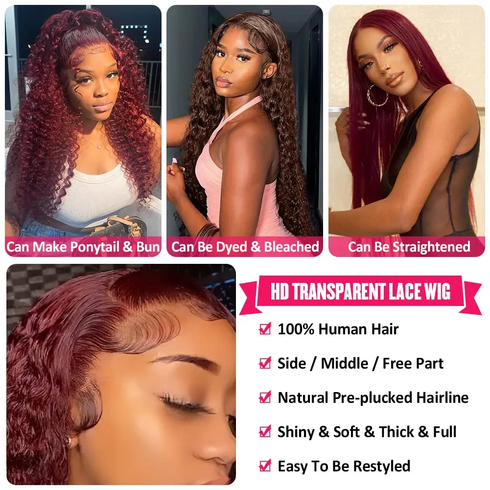 99J Burgundy Deep Wave Lace Front Wigs Human Hair Pre Plucked with Baby Hair 13x4 HD Transparent Lace Frontal Human Hair Wigs for Women 180% Density Glueless Lace Colored Wigs 22 inch