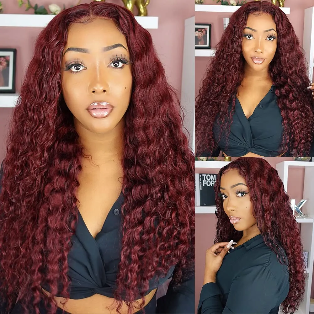 99J Burgundy Deep Wave Lace Front Wigs Human Hair Pre Plucked with Baby Hair 13x4 HD Transparent Lace Frontal Human Hair Wigs for Women 180% Density Glueless Lace Colored Wigs 22 inch