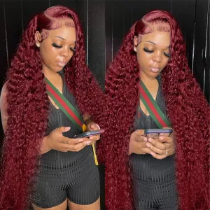 99J Burgundy Deep Wave Lace Front Wigs Human Hair Pre Plucked with Baby Hair 13x4 HD Transparent Lace Frontal Human Hair Wigs for Women 180% Density Glueless Lace Colored Wigs 22 inch