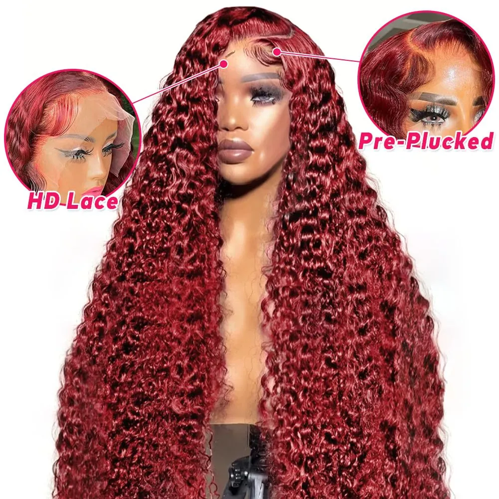 99J Burgundy Deep Wave Lace Front Wigs Human Hair Pre Plucked with Baby Hair 13x4 HD Transparent Lace Frontal Human Hair Wigs for Women 180% Density Glueless Lace Colored Wigs 22 inch