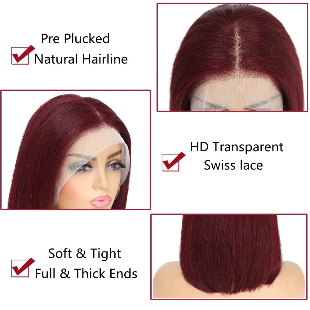 99J Burgundy Lace Front Wigs Human Hair 13x4 HD Lace Frontal Bob Wigs 180% Density Brazilian Straight Short Bob Human Hair Wigs for Black Women Pre Plucked Natural Hairline