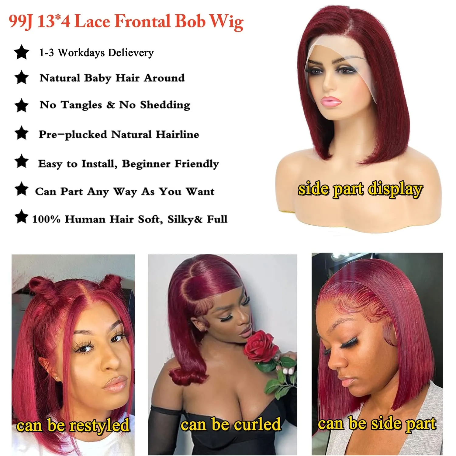 99J Burgundy Lace Front Wigs Human Hair 13x4 HD Lace Frontal Bob Wigs 180% Density Brazilian Straight Short Bob Human Hair Wigs for Black Women Pre Plucked Natural Hairline