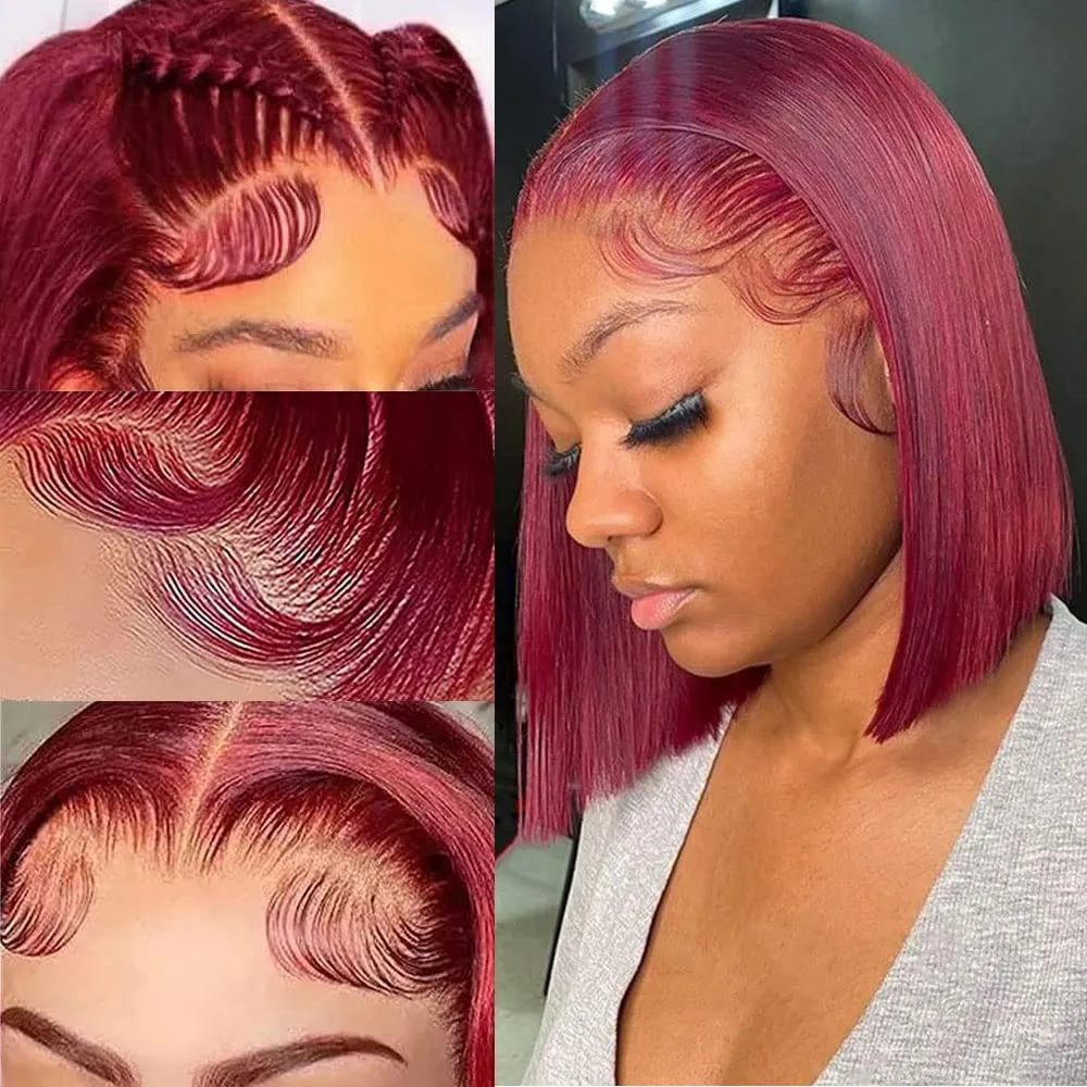 99J Burgundy Lace Front Wigs Human Hair 13x4 HD Lace Frontal Bob Wigs 180% Density Brazilian Straight Short Bob Human Hair Wigs for Black Women Pre Plucked Natural Hairline
