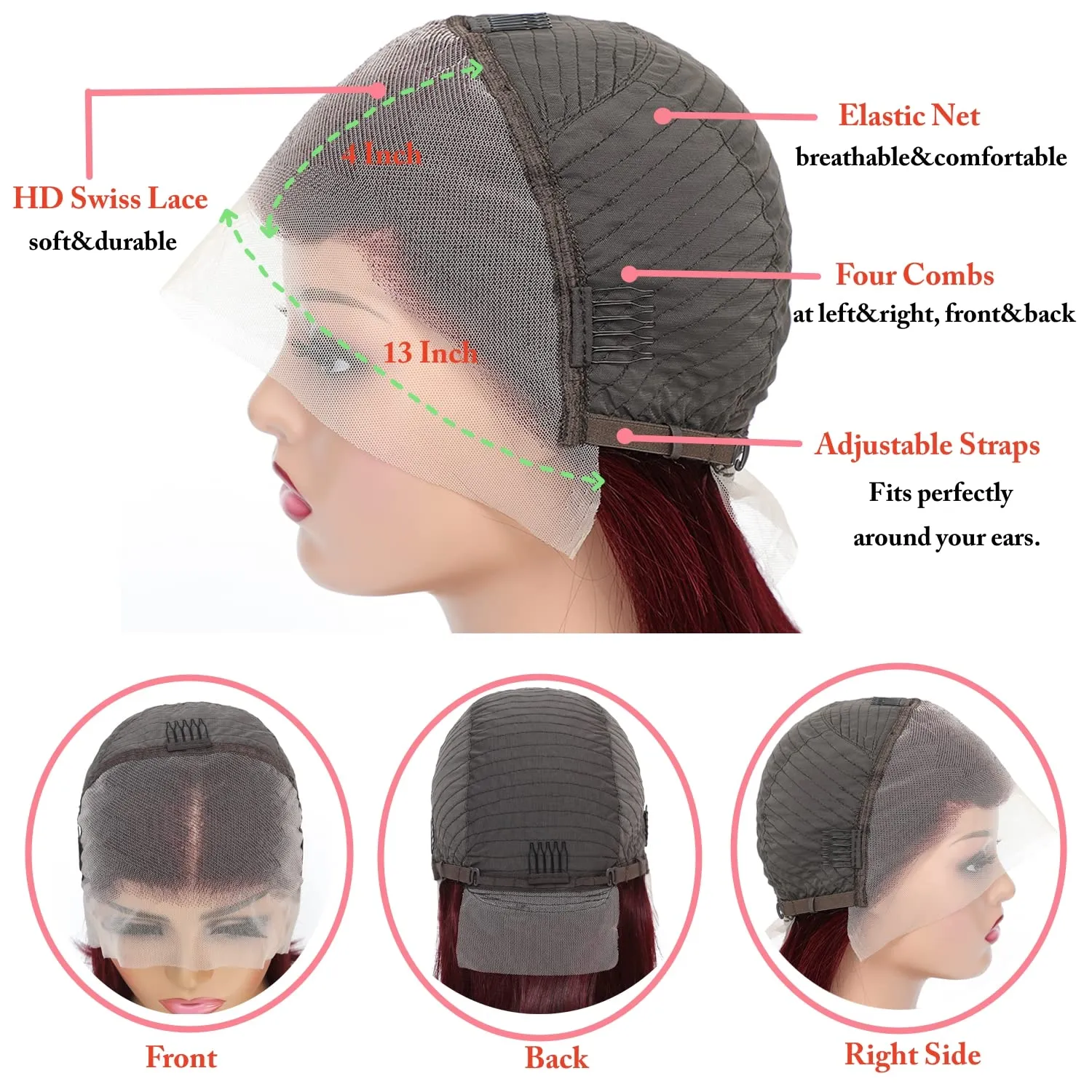 99J Burgundy Lace Front Wigs Human Hair 13x4 HD Lace Frontal Bob Wigs 180% Density Brazilian Straight Short Bob Human Hair Wigs for Black Women Pre Plucked Natural Hairline