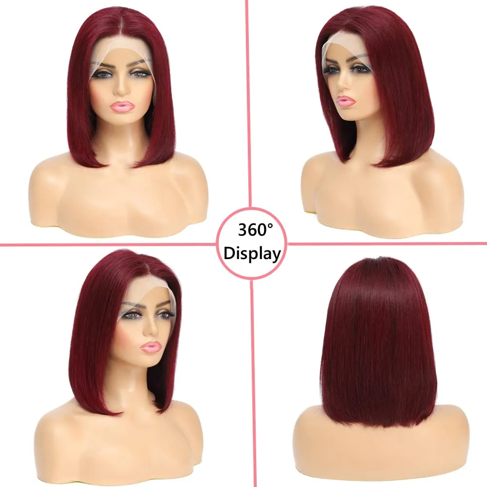99J Burgundy Lace Front Wigs Human Hair 13x4 HD Lace Frontal Bob Wigs 180% Density Brazilian Straight Short Bob Human Hair Wigs for Black Women Pre Plucked Natural Hairline