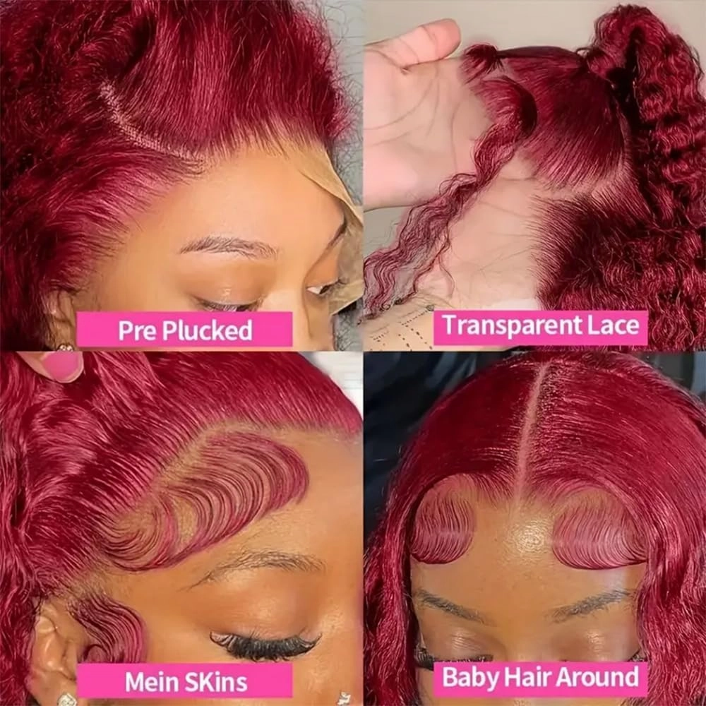 99J Burgundy 13x6 Lace Front Wigs Human Hair 18 Inch Deep Wave Lace Front Wigs Human Hair Pre Plucked Red Curly Human Hair Wig 200% Density Colored Lace Frontal Glueless for Women