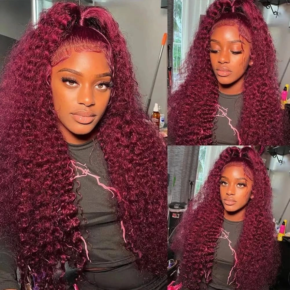 99J Burgundy 13x6 Lace Front Wigs Human Hair 18 Inch Deep Wave Lace Front Wigs Human Hair Pre Plucked Red Curly Human Hair Wig 200% Density Colored Lace Frontal Glueless for Women