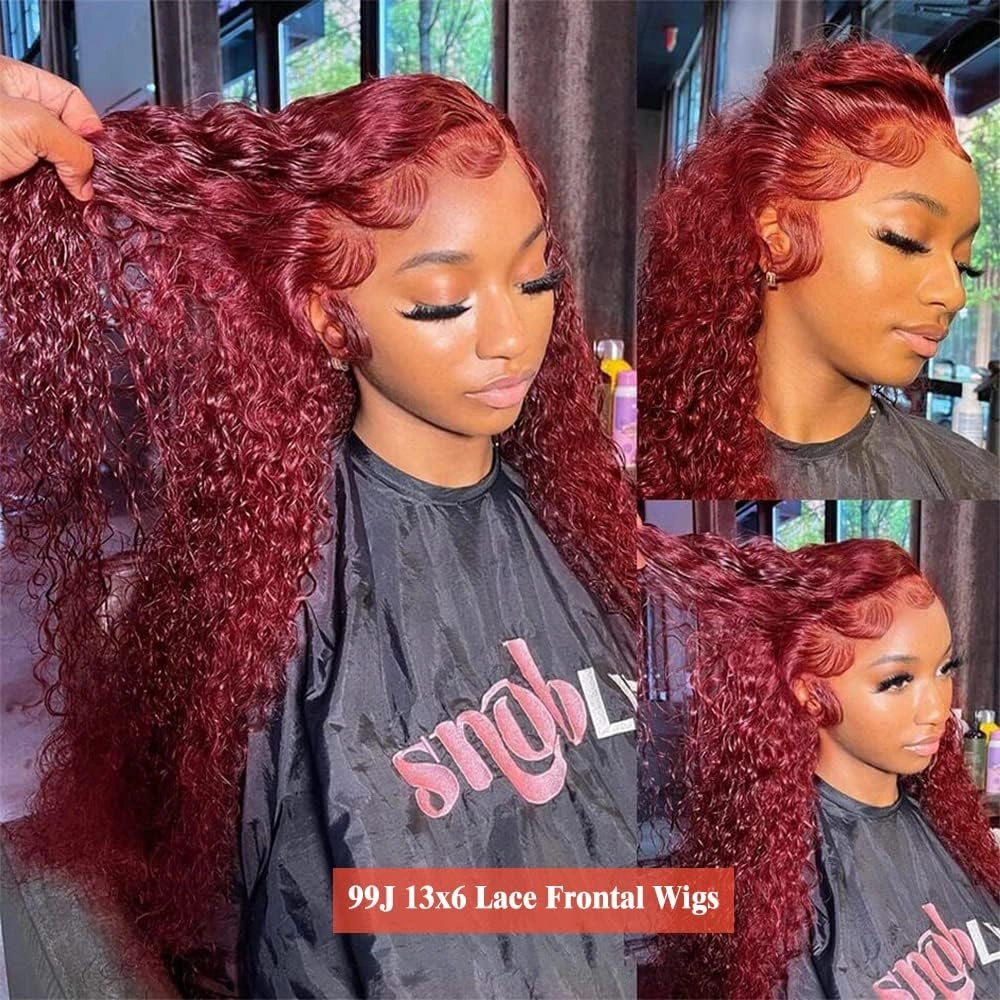 99J Burgundy 13x6 Lace Front Wigs Human Hair 18 Inch Deep Wave Lace Front Wigs Human Hair Pre Plucked Red Curly Human Hair Wig 200% Density Colored Lace Frontal Glueless for Women