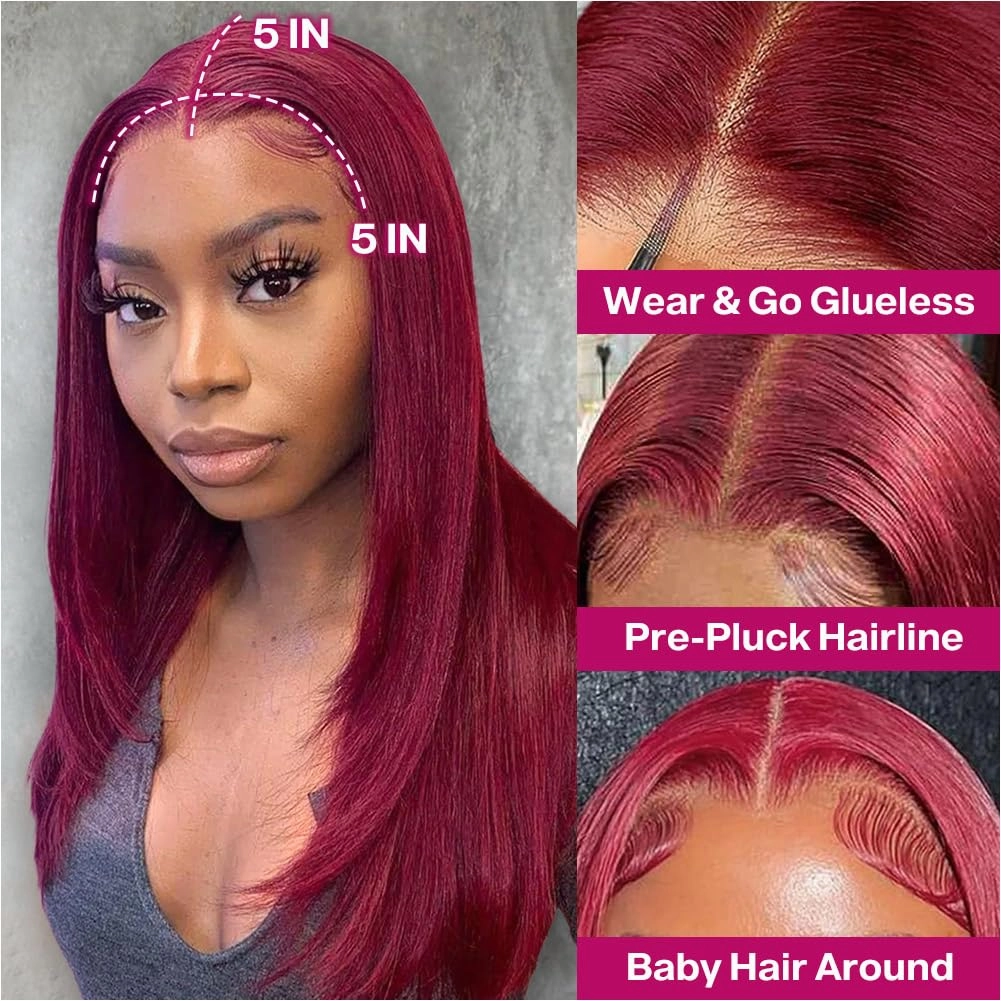 99j Burgundy 18 Inch Glueless Wig 5x5 Hd Lace Closure Wigs Human Hair Bob Wig Human Hair Glueless Bob Wigs For Black Women Red Burgundy 5 5 Bob Wig 200 Density